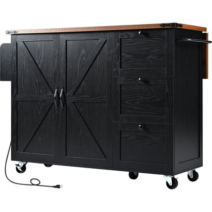 54.5" Farmhouse Kitchen Island with Power Outlet, Kitchen Storage Island with Internal Storage Rack, Drop Leaf, Spice Rack, Rolling Kitchen Cart on Wheels, for Home, Kitchen and Dining Room,Black