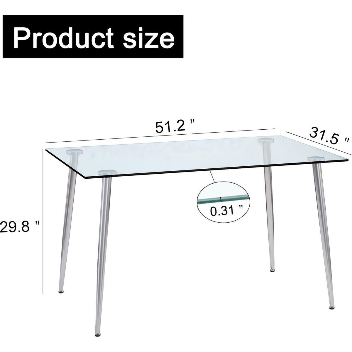 Glass dining table, dining chair set, 4 grey dining chairs, and 1 dining table. Table size 51 "W x 31.5" D x 30 "H