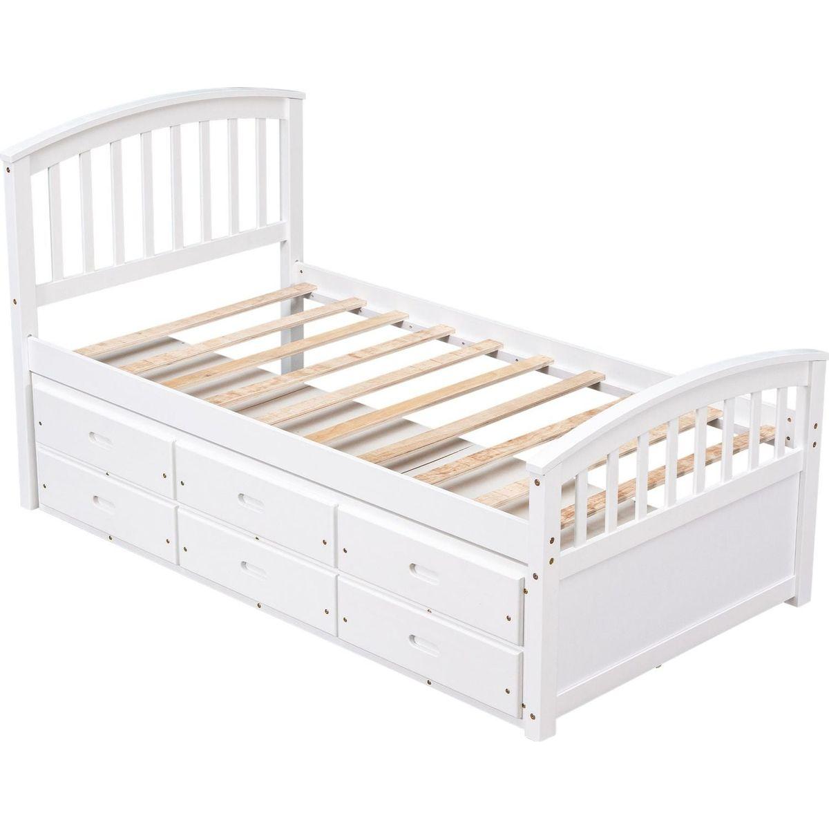 Twin Size Platform Storage Bed Solid Wood Bed with 6 Drawers,White