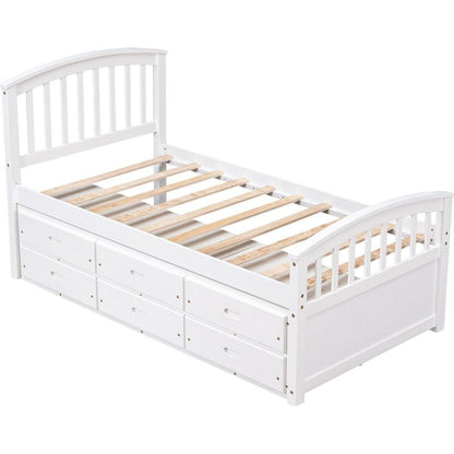 Twin Size Platform Storage Bed Solid Wood Bed with 6 Drawers,White