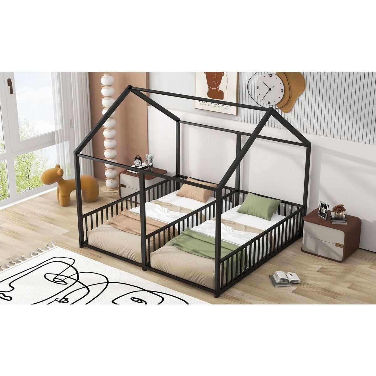 Metal Twin Size House Platform Beds, Two Shared Beds, Black