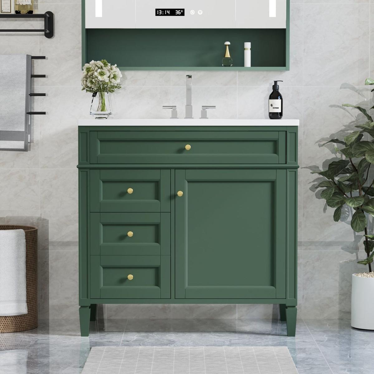 36" Bathroom Vanity with Top Sink, Modern Bathroom Storage Cabinet with 2 Drawers and a Tip-out Drawer, Single Sink Bathroom Vanity