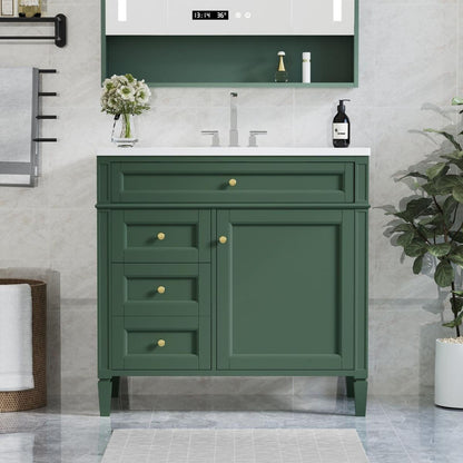 36" Bathroom Vanity with Top Sink, Modern Bathroom Storage Cabinet with 2 Drawers and a Tip-out Drawer, Single Sink Bathroom Vanity