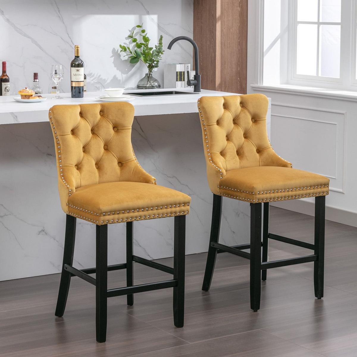 Contemporary Velvet Upholstered Barstools with Button Tufted Decoration and Wooden Legs, and Chrome Nailhead Trim, Leisure Style Bar Chairs,Bar stools, Set of 2 (Golden)