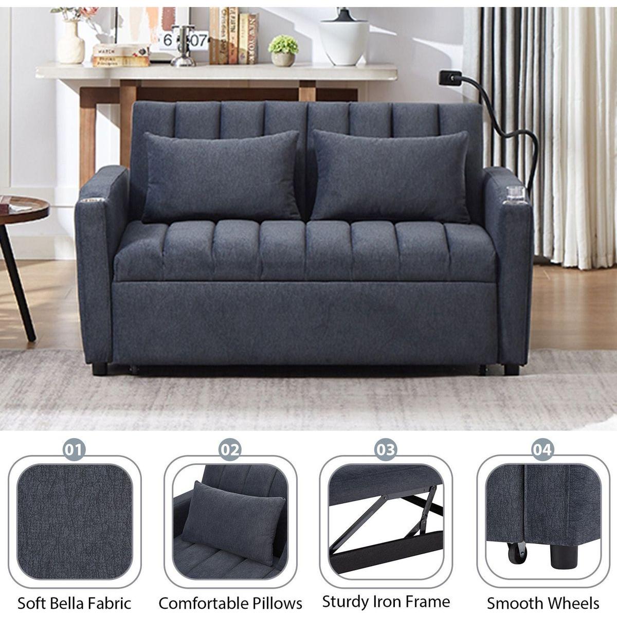 55.9" Convertible Sofa Bed Loveseat Sofa with Three USB Ports, Two Side Pockets, Two Cup Holders and 360Swivel Phone Holder for Living Room, Blue Grey