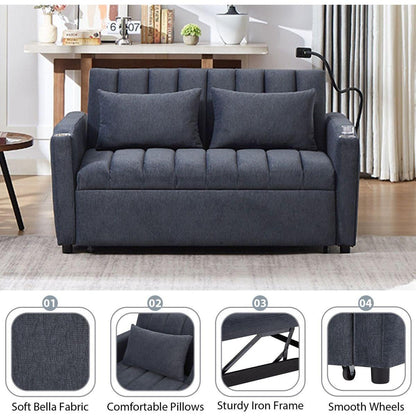 55.9" Convertible Sofa Bed Loveseat Sofa with Three USB Ports, Two Side Pockets, Two Cup Holders and 360Swivel Phone Holder for Living Room, Blue Grey