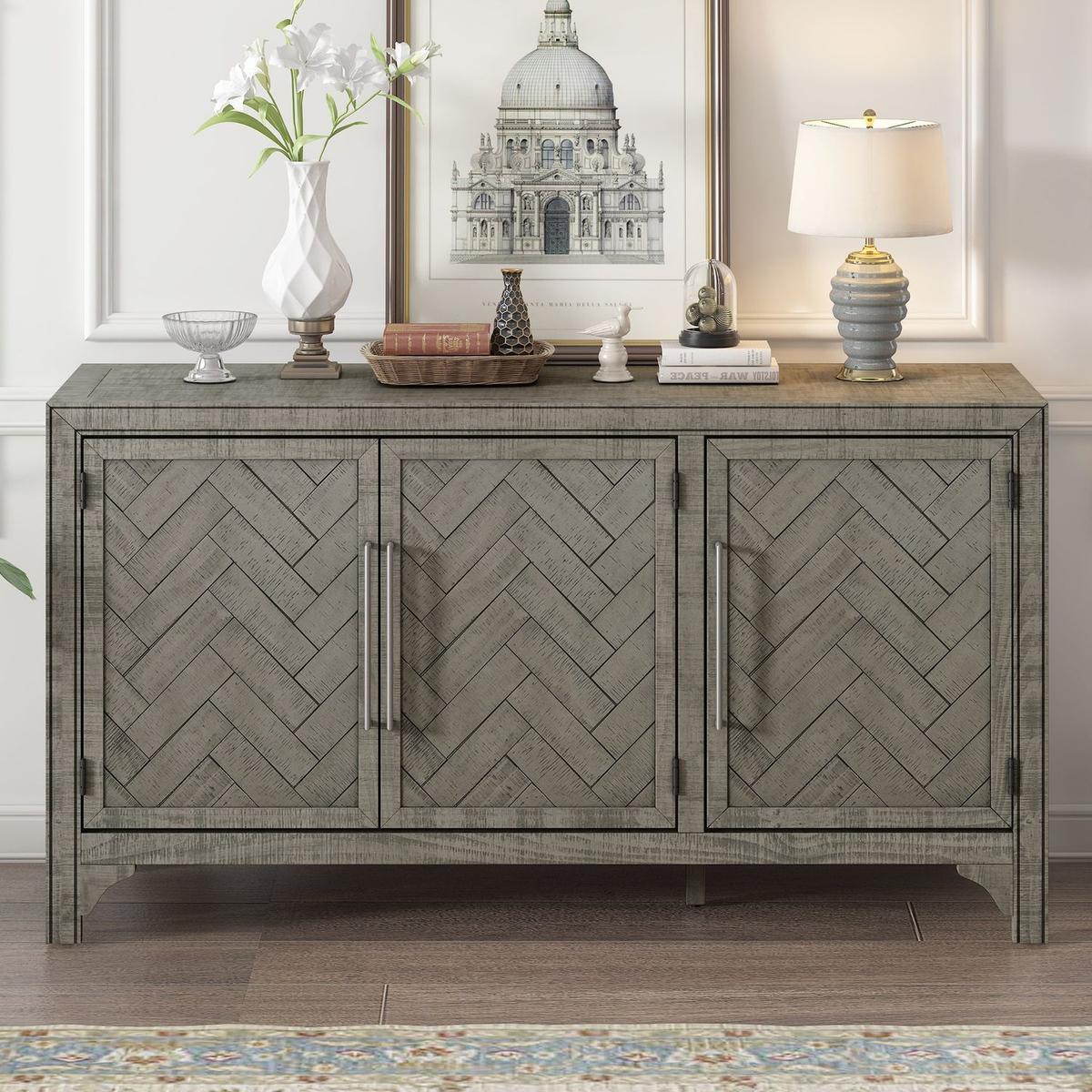 Designed Storage Cabinet Sideboard with MDF+Pine veneer, Adjustable Shelves, Suitable for Living Rooms, Entrance and Study Rooms.