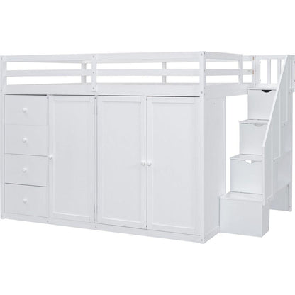Full Size Wood Loft Bed With Built-in Wardrobes, Cabinets and Drawers, White