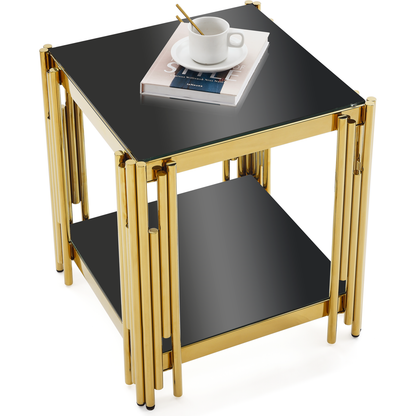 Woker Furniture 20" Wide Square End Table with Black Glass Top, Golden Stainless Steel Tempered Glass End Table for Living Room&Bed Room