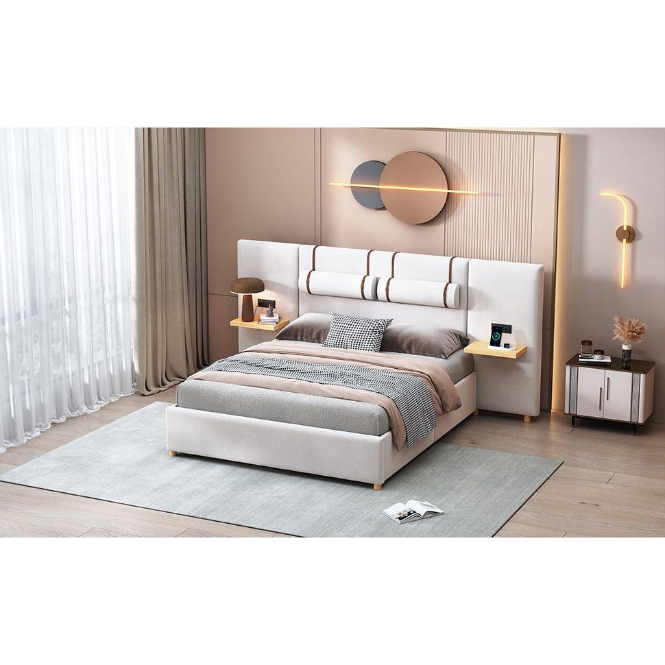 Queen Size Upholstered Platform Bed, Two Outlets and USB Charging Ports on Both Sides, Two Bedside Pillows, Storage Shelves,Velvet, Beige