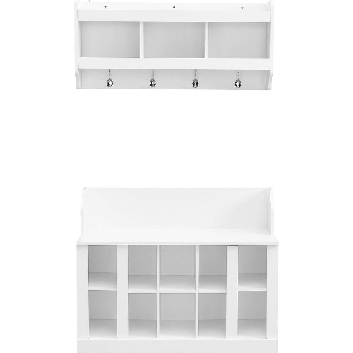 Shoe Storage Bench with Shelves and 4 Hooks, Elegant Hall Tree with Wall Mounted Coat Rack, Entryway Organizer For Hallway, Foyer, Mudroom, White
