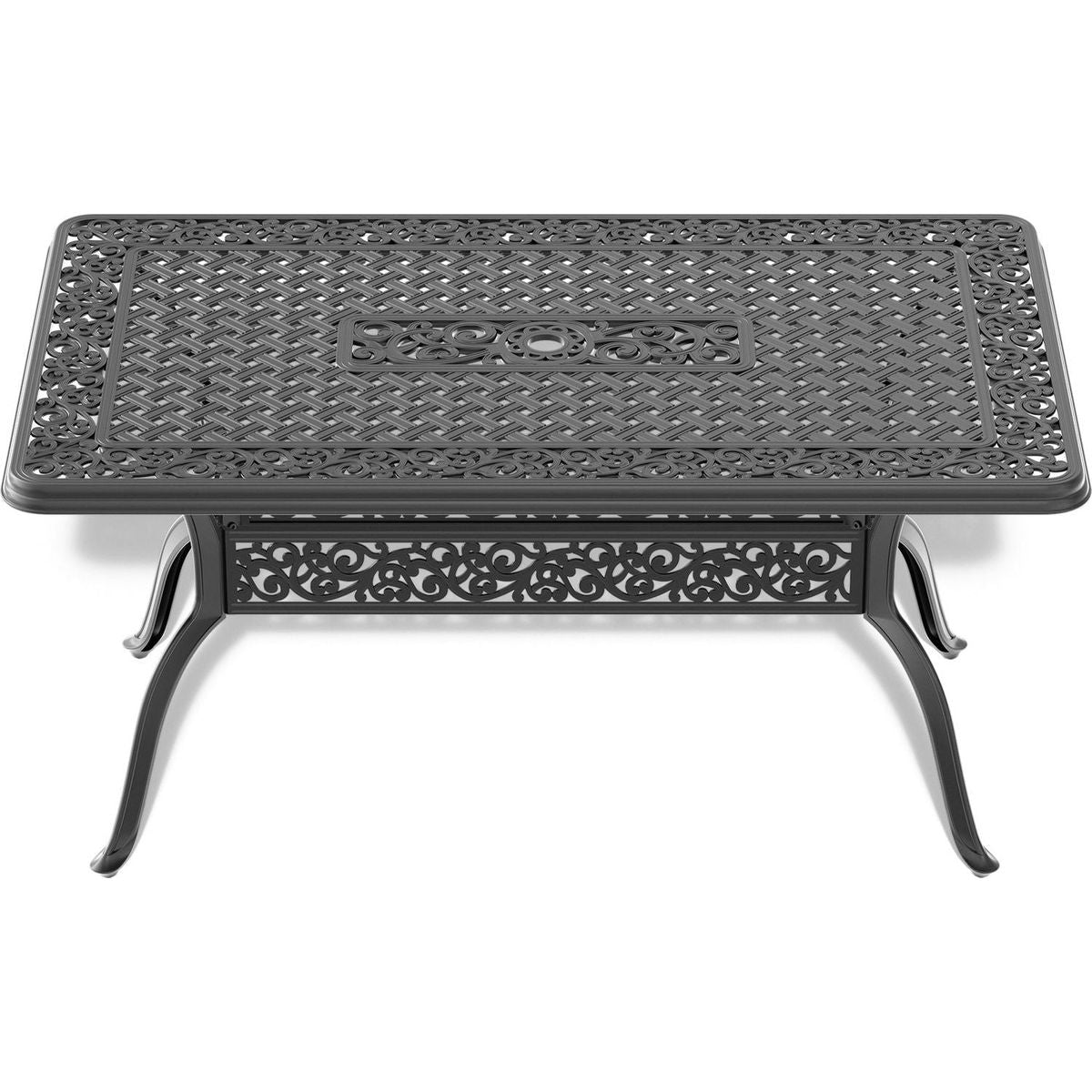 L59.05xW35.43-inch Cast Aluminum Patio Dining Table with Black Frame and Umbrella Hole