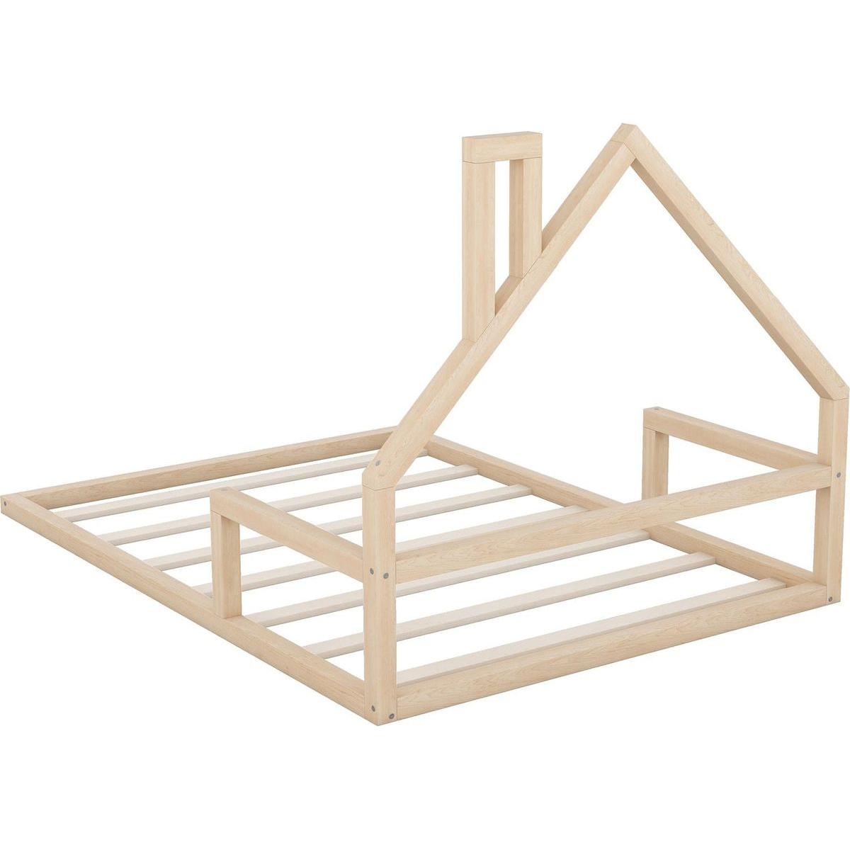 Full Size Wood Floor Bed with House-shaped Headboard, Natural