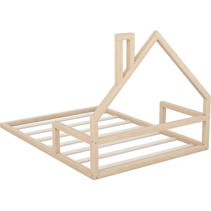 Full Size Wood Floor Bed with House-shaped Headboard, Natural