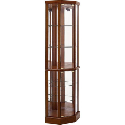 6 Shelf Lighted Corner Curio Cabinet with Adjustable Tempered Glass Shelves and Mirror Back, Walnut