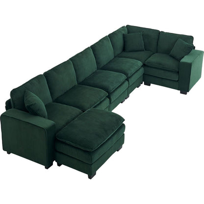 Modern U Shaped 6-seat Sectional Sofa Couch with one Ottoman and three toss pillows, Modular Sofa for Living Room,Corduroy sofa