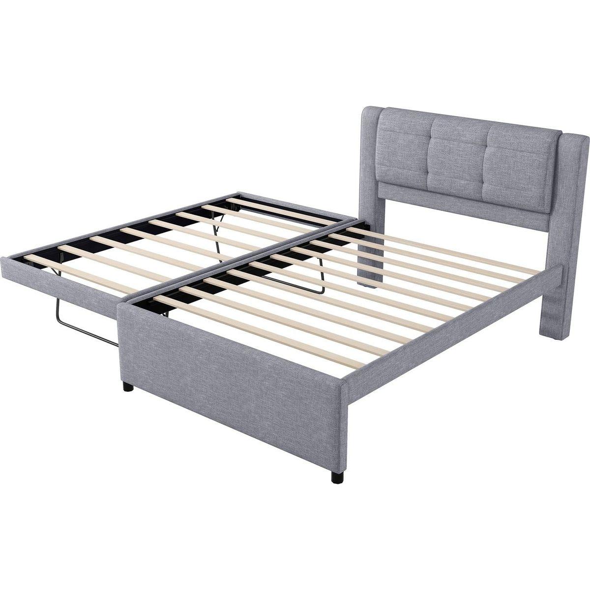 Full Size Upholstery platform bed with Trundle,Trundle can be flat or erected, Gray