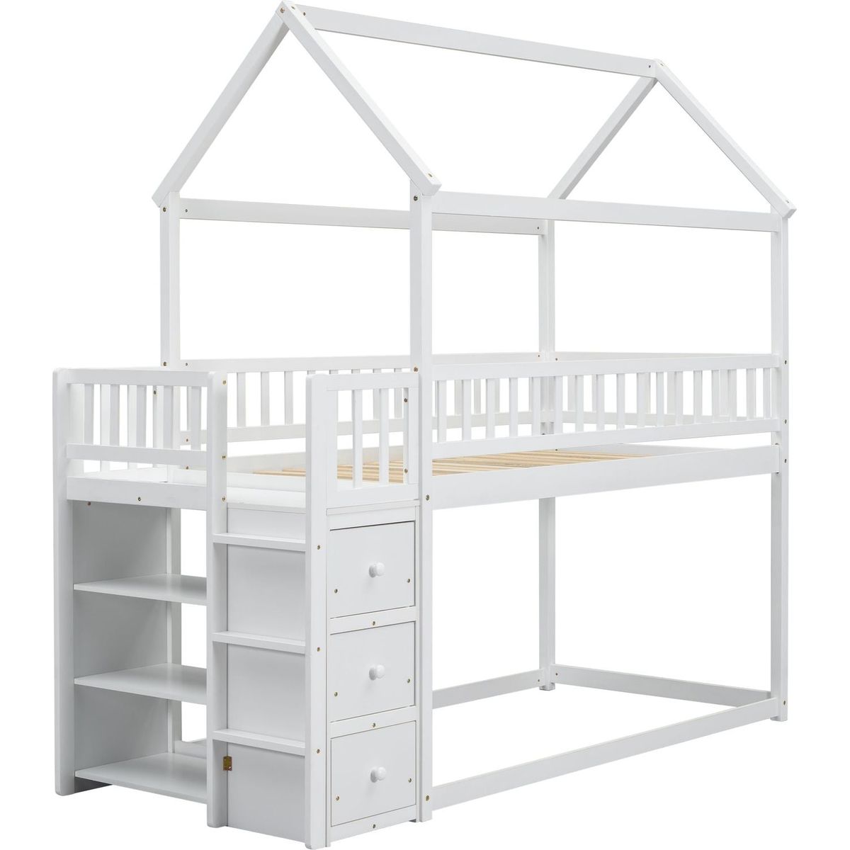 TWIN/TWIN HOUSE BUNK BED WITH SHELVES AND DRAWERS FOR WHITE COLOR