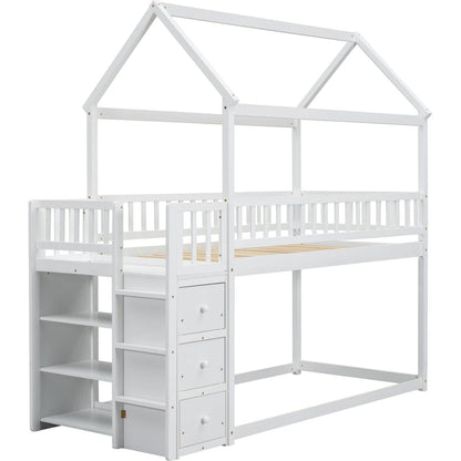 TWIN/TWIN HOUSE BUNK BED WITH SHELVES AND DRAWERS FOR WHITE COLOR