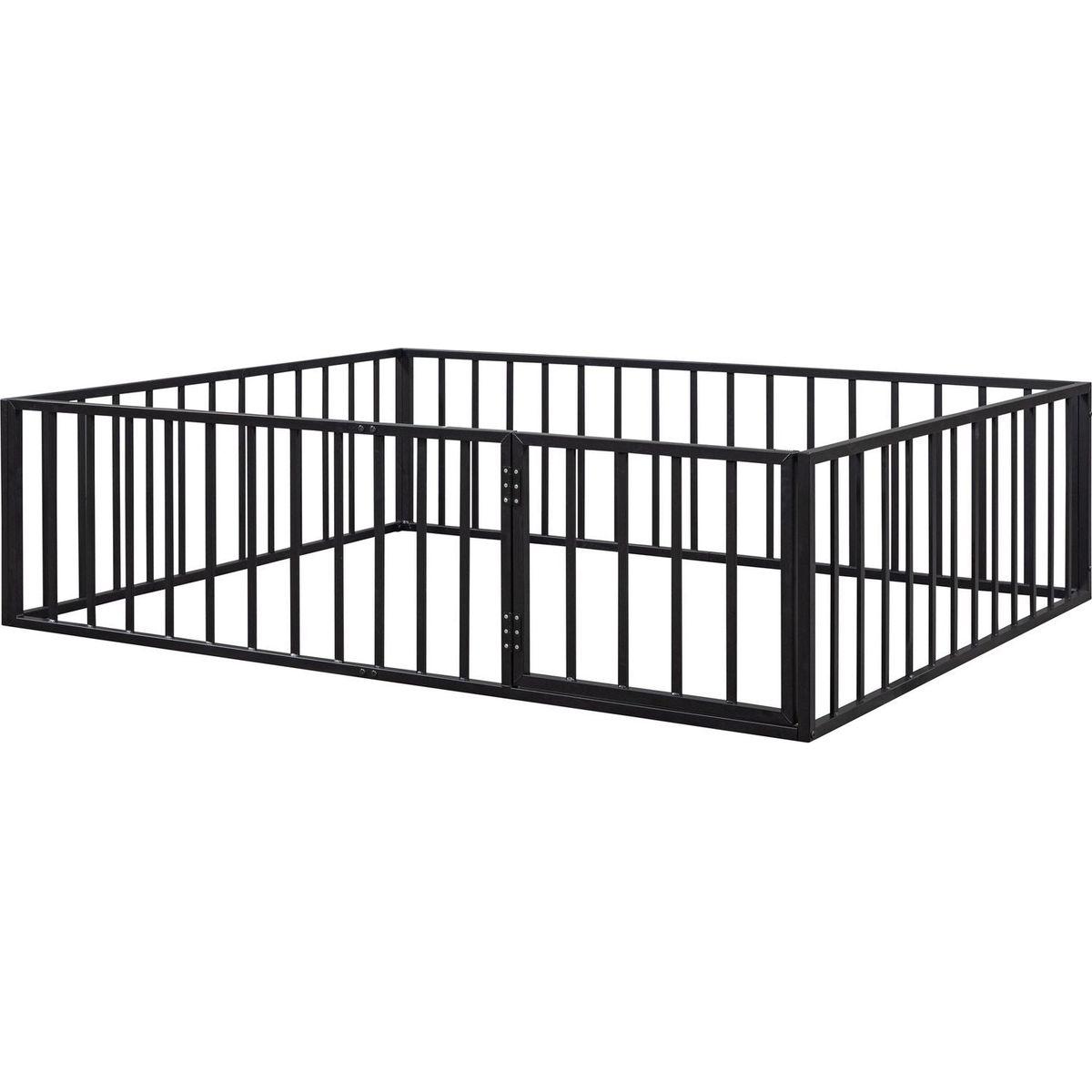 Queen Size Metal Floor Bed Frame with Fence and Door, Black