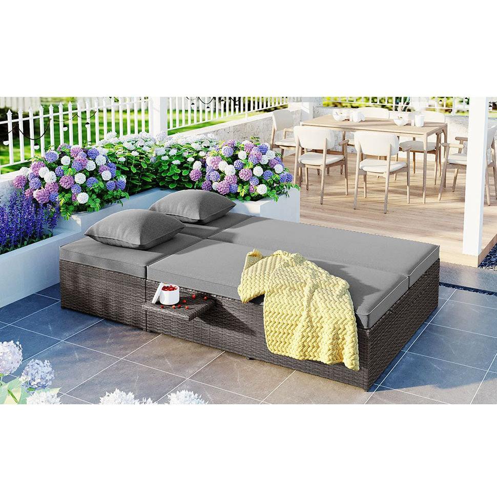 Outdoor Double Sunbed, Wicker Rattan Patio Reclining Chairs with Adjustable Backrest and Seat, Conversational Set for 2 Person, Gray