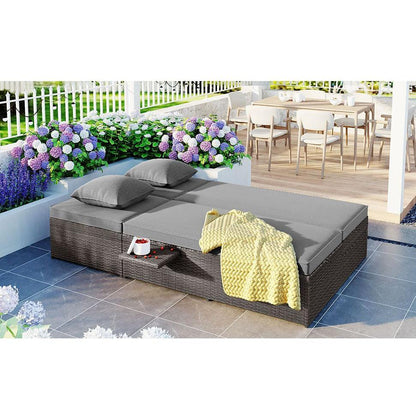 Outdoor Double Sunbed, Wicker Rattan Patio Reclining Chairs with Adjustable Backrest and Seat, Conversational Set for 2 Person, Gray