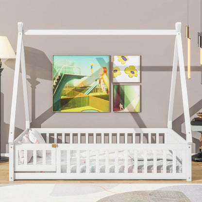 Full Tent-shaped Floor Bed, with Guardrails, Slats, Door, White