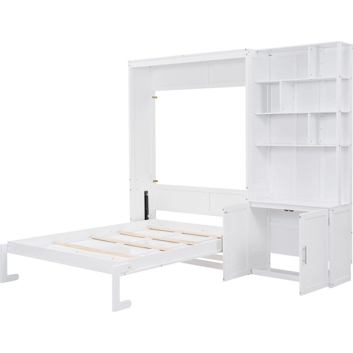 Full Size Murphy Bed with Multiple Storage Shelves and A Cabinet, White