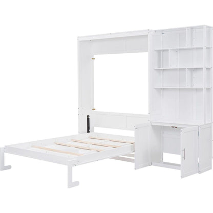 Full Size Murphy Bed with Multiple Storage Shelves and A Cabinet, White