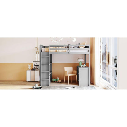 Full Size Loft Bed with Ladder, Shelves, and Desk, Gray