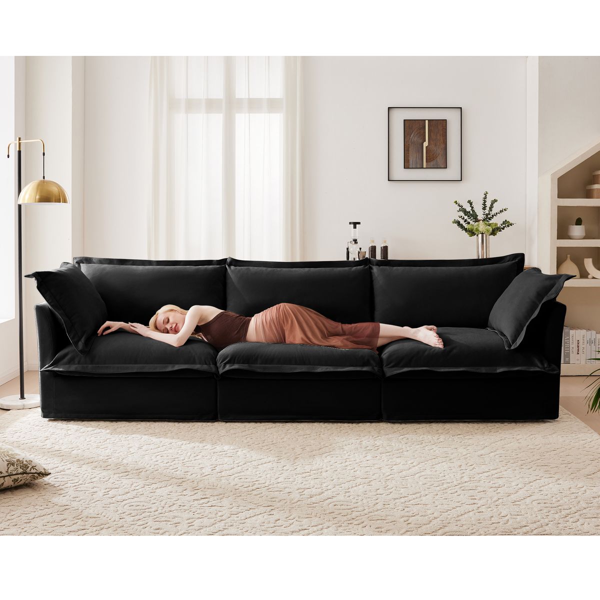 Slipcovered Sofa Couch, Modern 3 Seater Sofa with Suppleness Armrests, Chenille Fleece Deep Seat Sofa with Soft Multiple Big Pillows, Comfy Couch for Living Room, Apartment,Chenille Fabric, Black