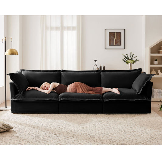 Slipcovered Sofa Couch, Modern 3 Seater Sofa with Suppleness Armrests, Chenille Fleece Deep Seat Sofa with Soft Multiple Big Pillows, Comfy Couch for Living Room, Apartment,Chenille Fabric, Black