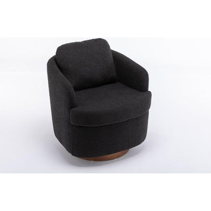 Boucle Fabric Swivel Accent Chair With Soild Wood Round Brown Base Leg,Black