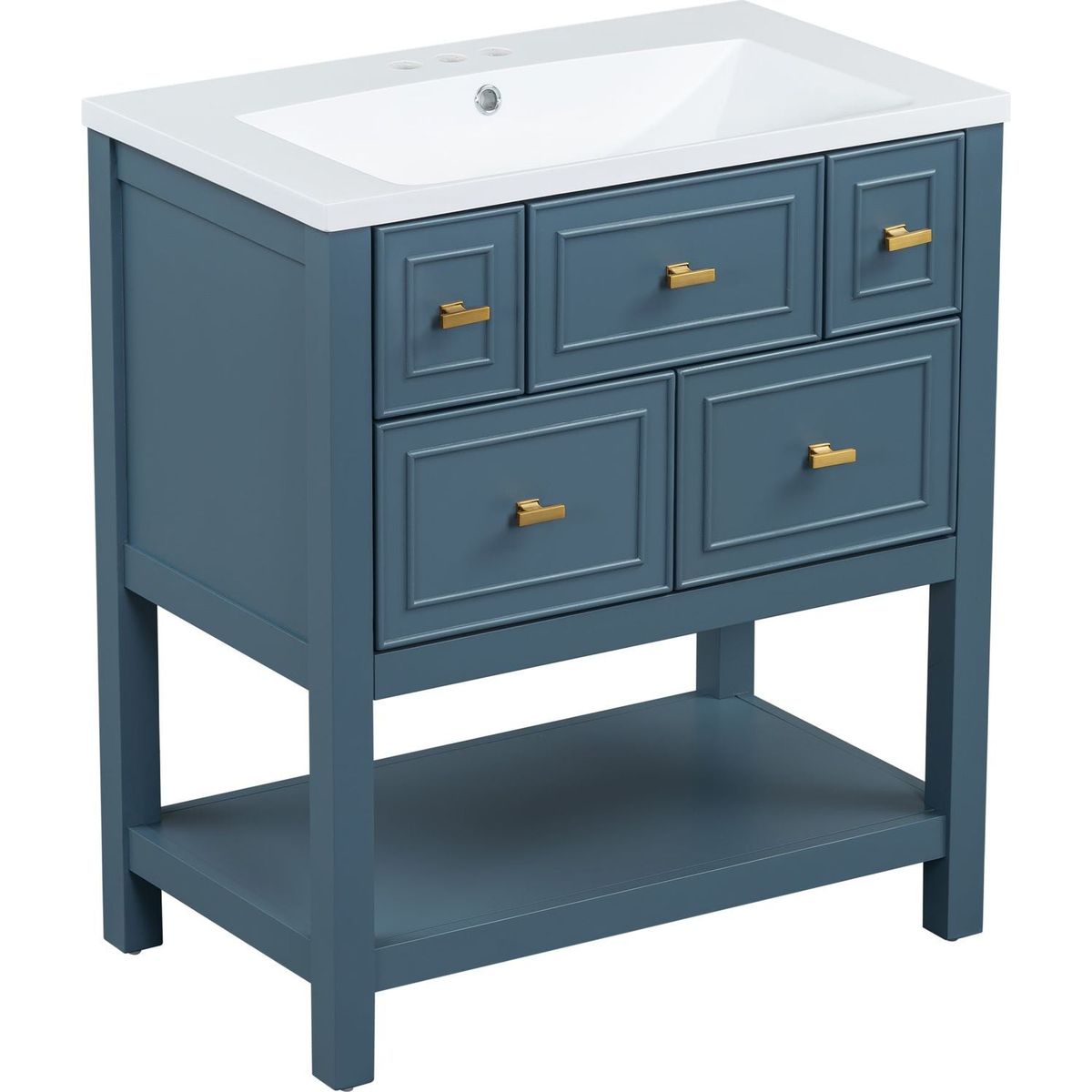 30" Bathroom Vanity with Resin Sink Combo, Free Standing Single Vanity Set with 5 Drawers, Solid Wood Frame Bathroom Storage Cabinet, Blue