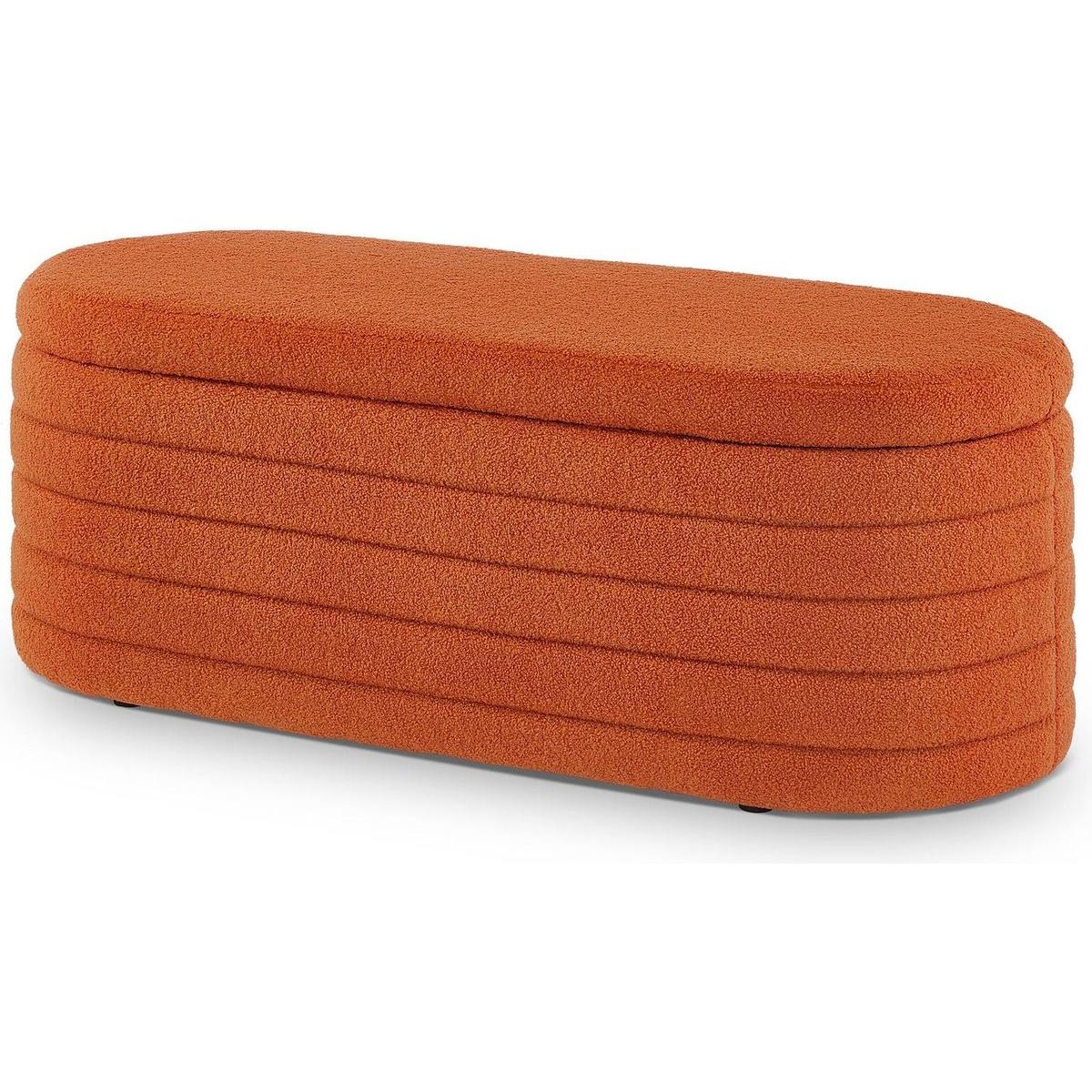 Modern Oval Storage Ottoman Bench, Upholstered Boucle Teddy Fabric End of Bed Bench with Storage, End of Bed Stool with Safety Hinge for Bedroom, Living Room, Entryway, Orange