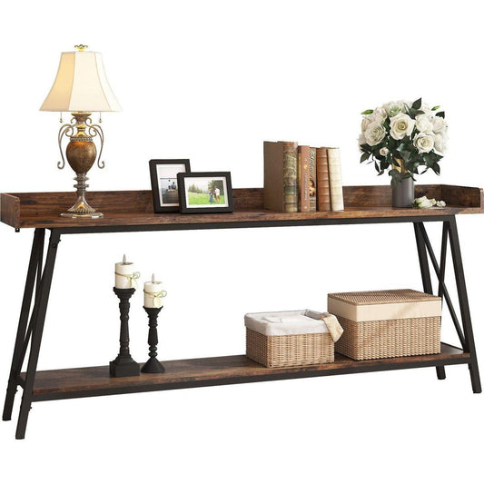 70.87 inch Extra Long Console Table Behind Couch, Rustic Industrial Sofa Table for Living Room, Narrow Entryway Hallway Long Bar Table, Brown+Black