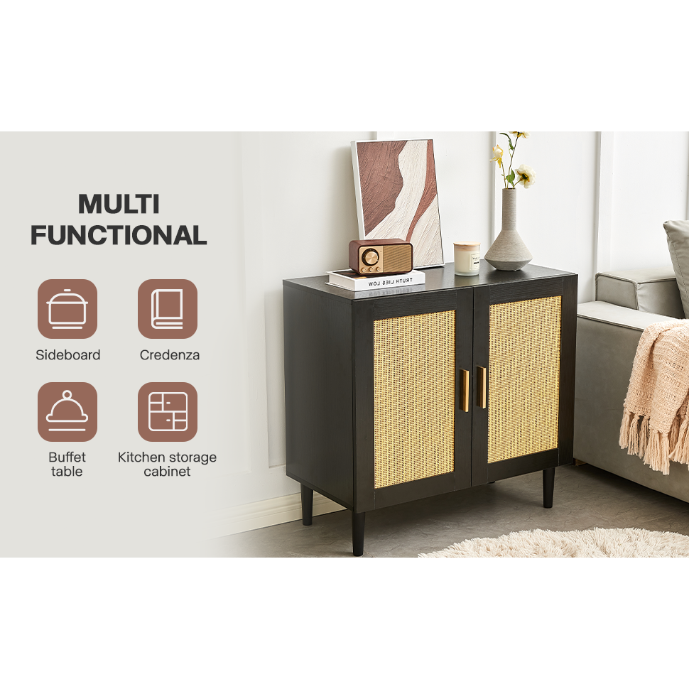 Side panel buffet cabinet with natural rattan door, rattan storage cabinet with adjustable shelves, side panel and buffet with storage space, modern console cabinet in bedroom and living room - Streamdale Furniture