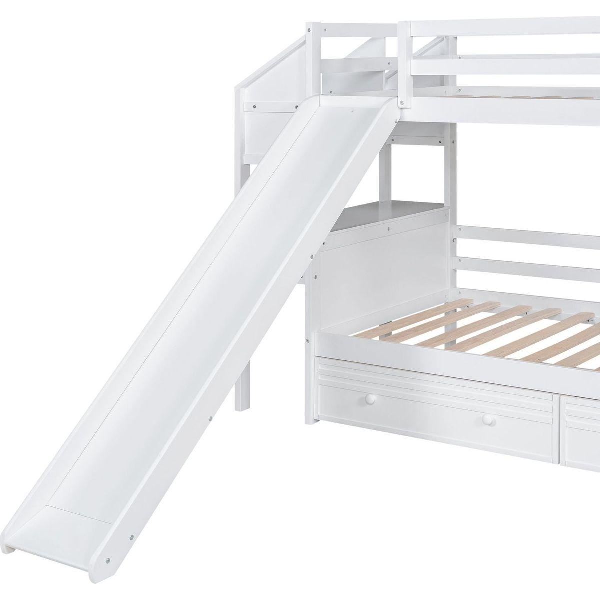 Twin over Twin Bunk Bed with Storage Staircase, Slide and Drawers, Desk with Drawers and Shelves, White