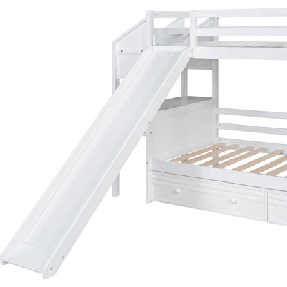 Twin over Twin Bunk Bed with Storage Staircase, Slide and Drawers, Desk with Drawers and Shelves, White