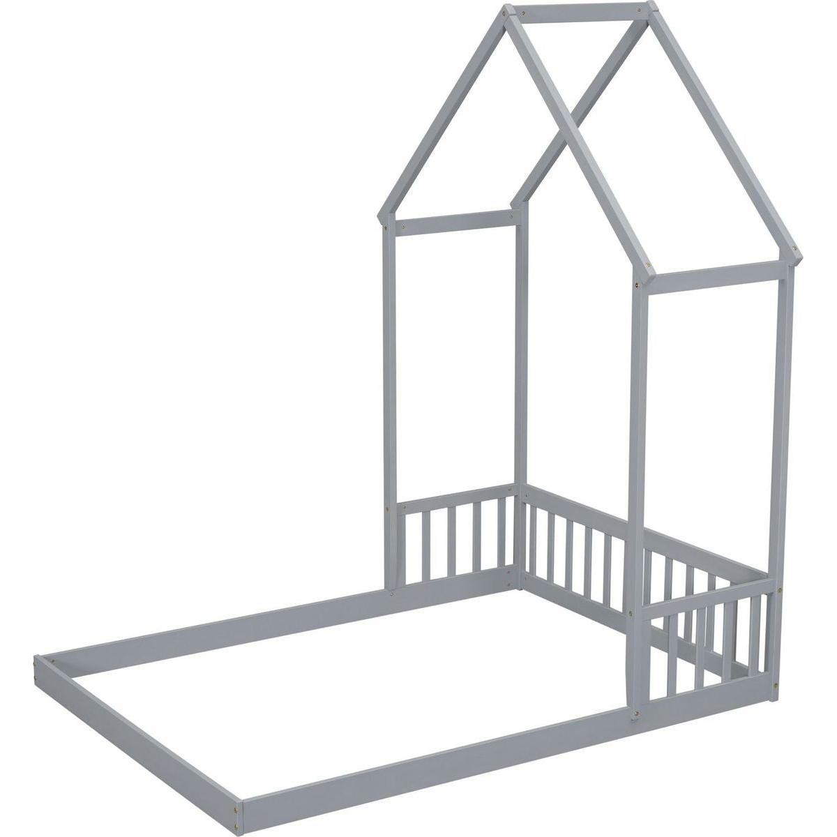 Full Roof-framed Headboard Floor Bed with Headboard Guardrails, without Slats, Grey