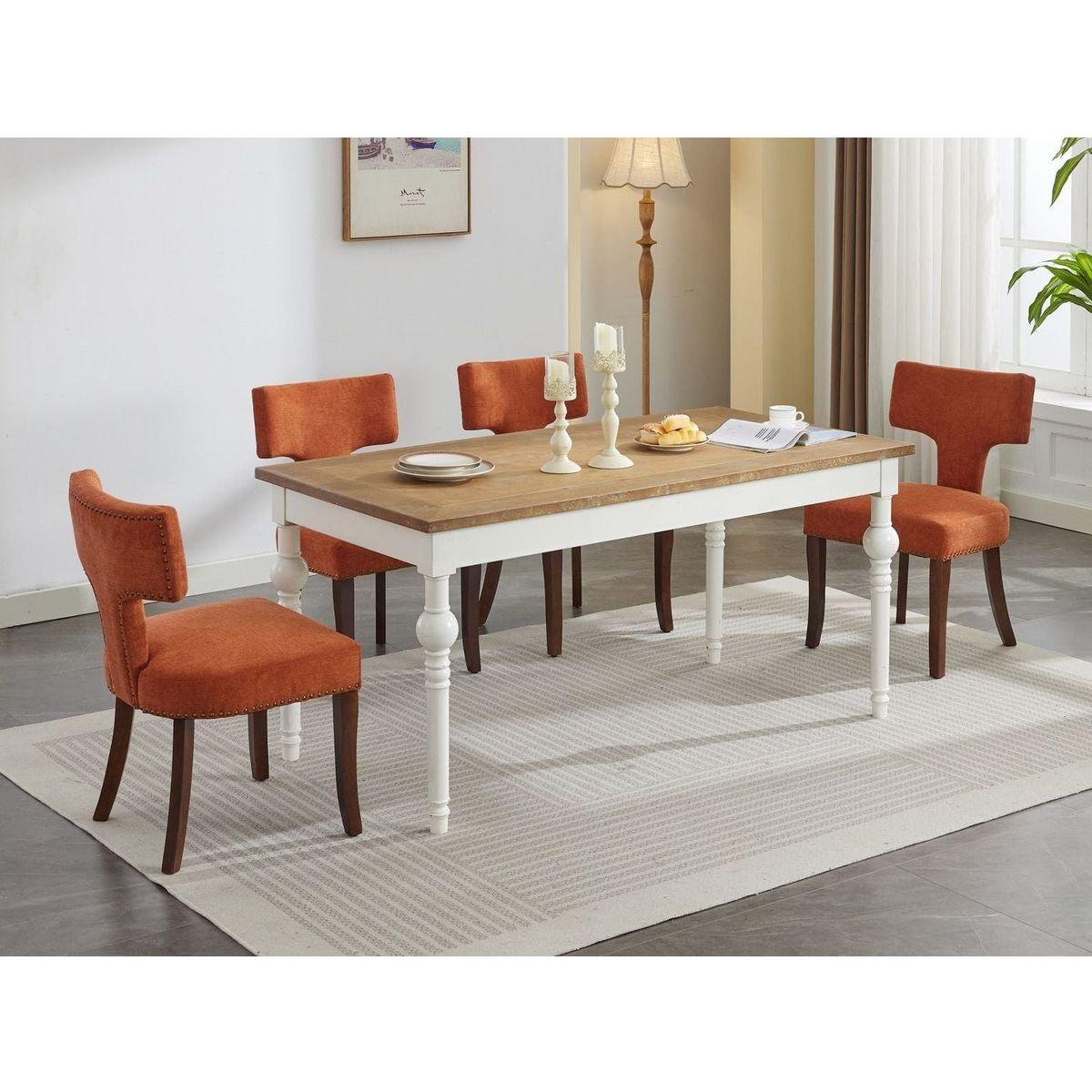 Mid Century Modern Dining Chairs Set of 2, Farmhouse Linen Fabric Upholstered Accent Chair Curved Backrest with Copper Nails around,Kitchen Chairs with Hardwood Frame, Orange