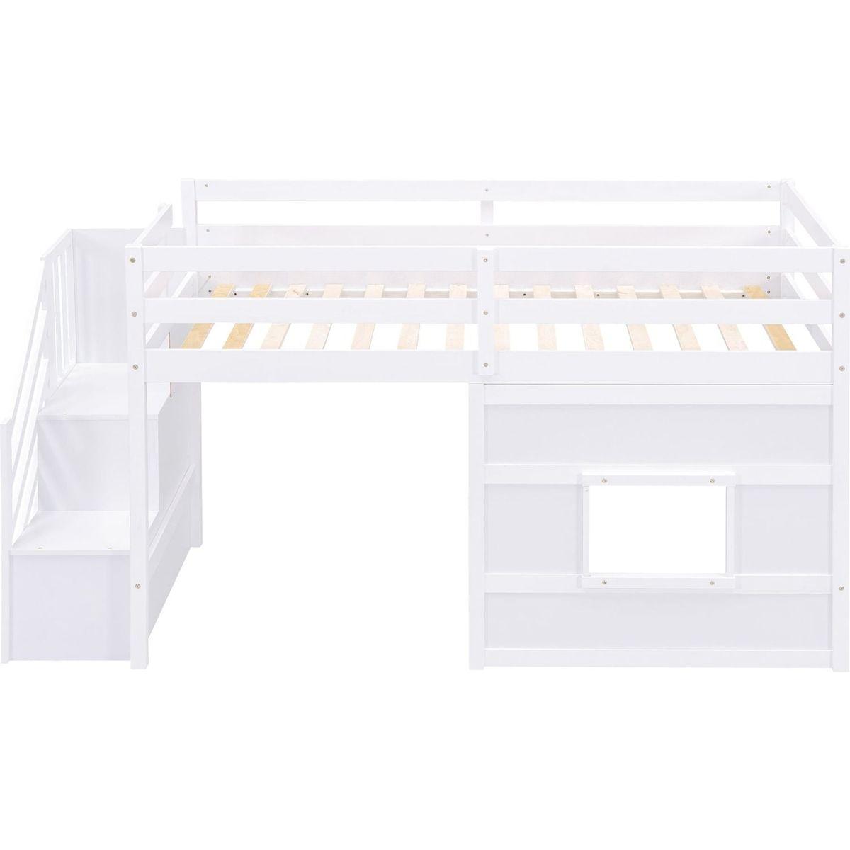 Twin Size Loft Bed with Storage Staircase and Window, White