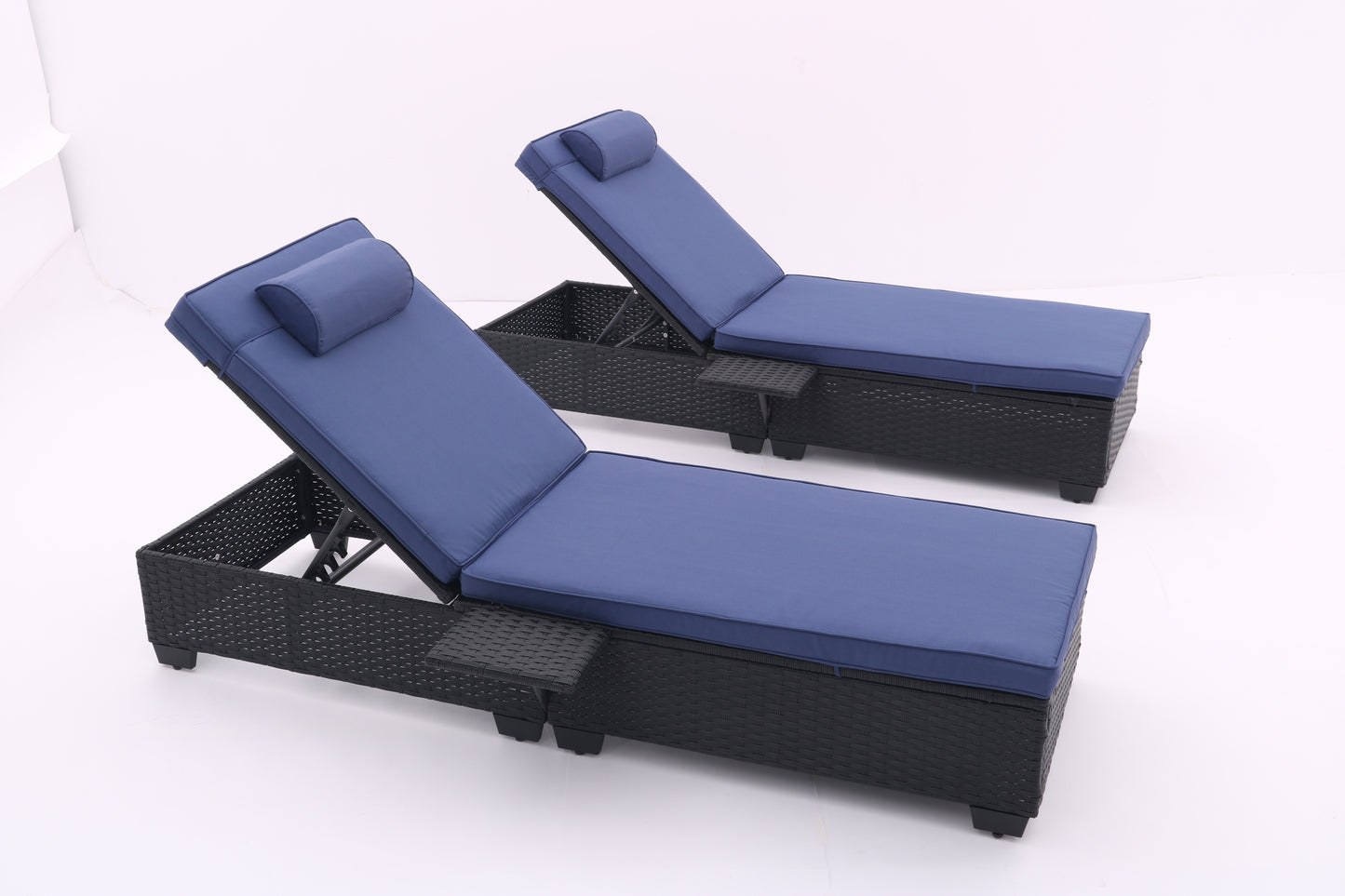 Outdoor Patio Chaise Lounge Chair,Lying in bed with PE Rattan and Steel Frame,PE Wickers,Pool Recliners with Elegant Reclining Adjustable Backrest and Removable Cushions Sets of 2(Black+Navy Blue)