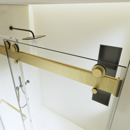 56-60 inches W x76 inches H Frameless Double Sliding Soft-Close Shower Door in Brushed Gold,3/8 inches (10mm) Thick SGCC Tempered Glass Door