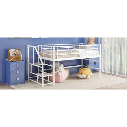 Mid Loft Bed with Storage stairs, Twin, White