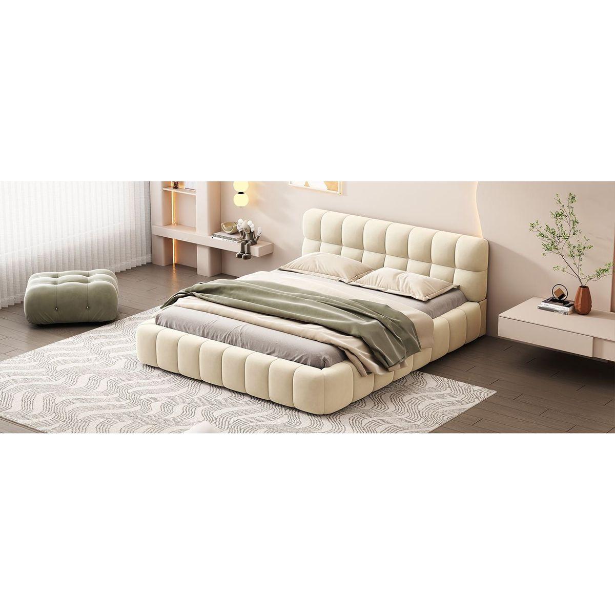 Queen Size Upholstered Platform Bed with Thick Fabric, Grounded Bed with Solid Frame, Beige