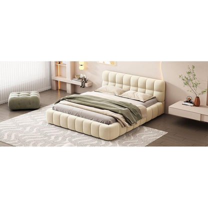 Queen Size Upholstered Platform Bed with Thick Fabric, Grounded Bed with Solid Frame, Beige