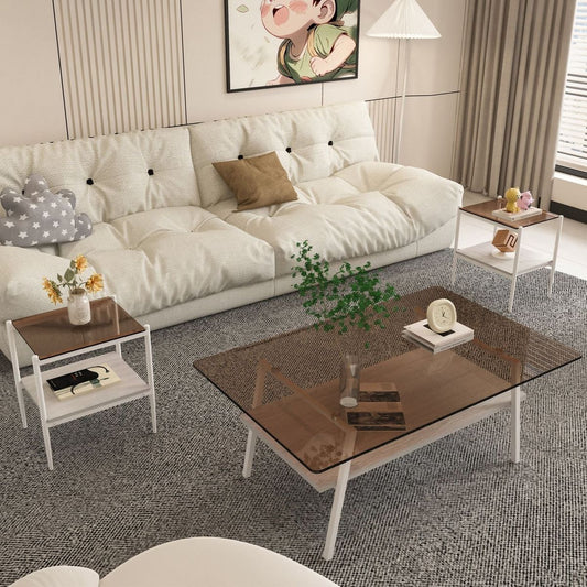 Coffee Table and End tables Set of 3, Tempered Glass Table with MDF layer, Modern Tables for Living Room , Brown Glass