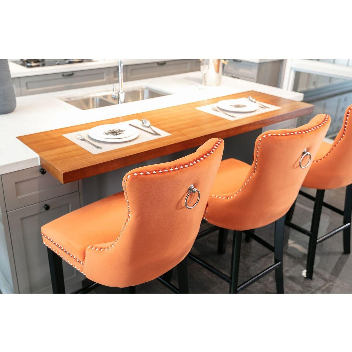 Contemporary Velvet Upholstered Barstools with Button Tufted Decoration and Wooden Legs, and Chrome Nailhead Trim, Leisure Style Bar Chairs,Bar stools, Set of 2 (Orange)