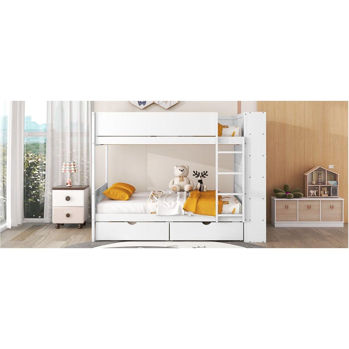 Full over Full Bunk Bed With 2 Drawers and Multi-layer Cabinet, White